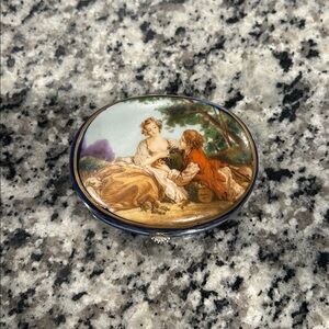 Vintage F Boucher Rococo Oval Trinket Box with Romantic Scene 1859